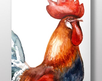May include: Watercolor painting of a rooster with a red comb and wattle, brown and blue feathers, and a white background.