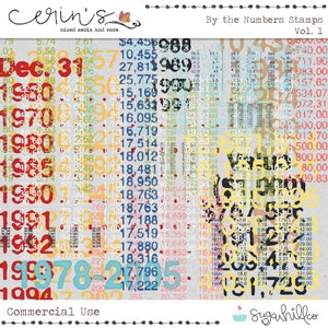 May include: A sheet of colorful paper with numbers and text printed on it. The numbers are in various colors, including red, yellow, blue, and green. The text includes the words "By the Numbers Stamps" and "Vol. 1".