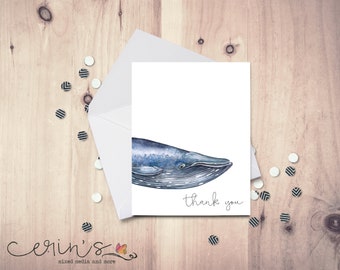 Whale Thank You Cards~Watercolor Whale Note Cards~Peek-a-boo Whale Thank You Card