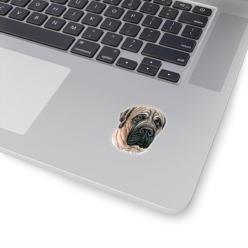 Pode incluir: Uma ilustra&ccedil;&atilde;o em close-up de um c&atilde;o Mastim Ingl&ecirc;s de cor bege com pelo preto ao redor dos olhos e do nariz. O c&atilde;o est&aacute; olhando diretamente para o espectador.