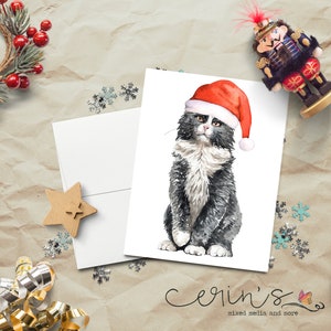 Black and White Santa Cat Christmas Card~Warm and Cozy Holiday Tuxedo Cat Cards~Feline Stationery~Gift for Cat Lady~Cat Christmas Cards
