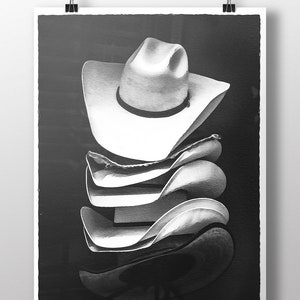 Black and White Cowboy Hats Watercolor~Farmhouse Art Prints~Western Wall Decor~Industrial Cowboy Art Canvas~Minimal Animal Print
