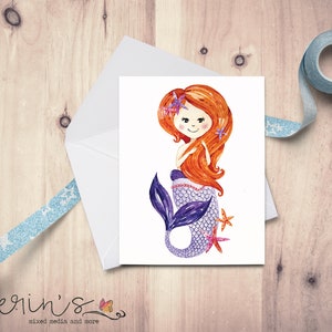 Purple Mermaid Blank Note Card~Cute Watercolor Mermaid Cards~Gift for Mermaid Lover~Redhead Mermaid~Mermazing Gifts~Mermaid Party Thank you