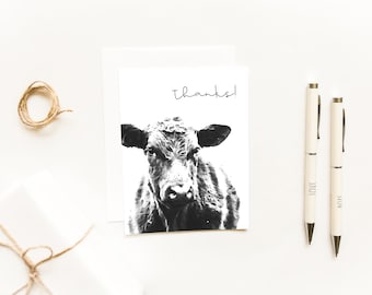 Farmhouse Style Cow Thank You Cards~Black and White Watercolor Note Cards~Single Painted Cow Greeting Card