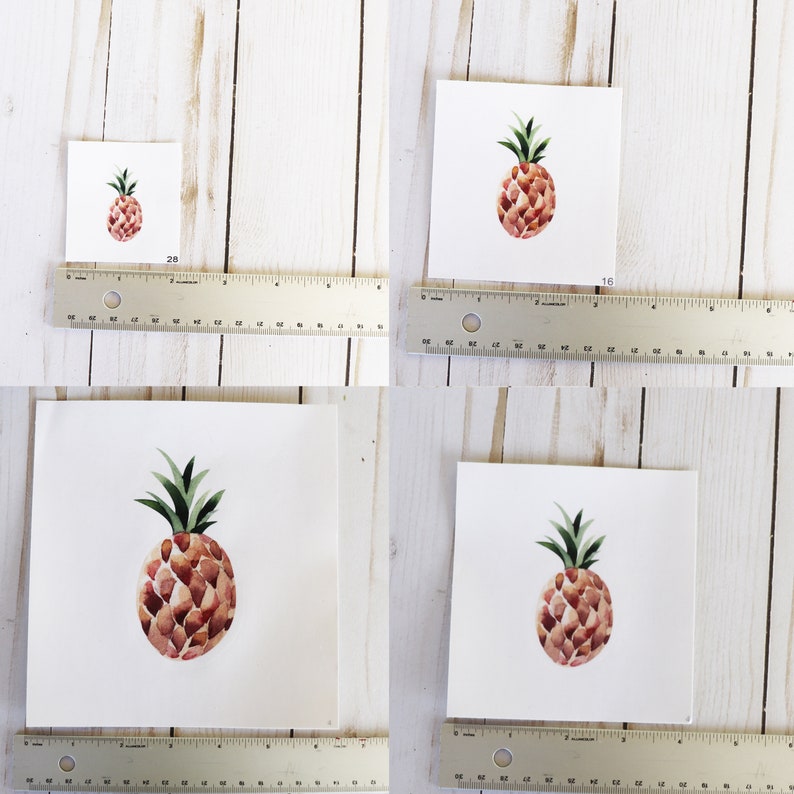 May include: Four different sizes of watercolor pineapple illustrations on white cardstock. The pineapples are painted in shades of pink and brown with green leaves.