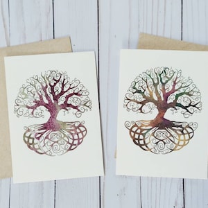 5x7 Papercut Tree of Life Card~Earthy Watercolor Tree Notecard~Celtic Tree Greetings~Pretty Colorful Cards