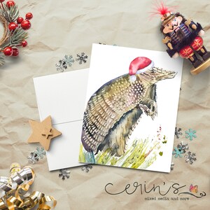 Watercolor Armadillo Christmas Card~Woodland Animal Cards~Winter Armadillo Christmas Greeting Cards~Armadillo Gifts~Santa Armadillo