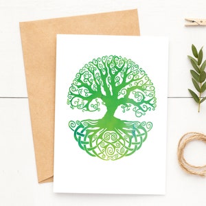 5x7 Tree of Life Card~Green Watercolor Tree Notecard~Celtic Tree Greetings~Pretty Colorful Cards
