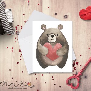 Watercolor Bear Love Card~Woodland Animal Valentine~Hand Painted Animal Cards~Brown Bear Anniversary Card~Cute Bear Gifts