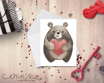 Watercolor Bear Love Card~Woodland Animal Valentine~Hand Painted Animal Cards~Brown Bear Anniversary Card~Cute Bear Gifts