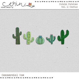 May include: Five green fabric cactus patches with embroidered details. The patches are arranged horizontally. The text "Fabric Patches Vol. 1: Cactus" is at the top of the image.