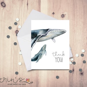 Mama Whale Thank You Cards~Watercolor Whale Note Cards~Peek-a-boo Whale ~Baby Shower Thanks