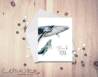 Mama Whale Thank You Cards~Watercolor Whale Note Cards~Peek-a-boo Whale ~Baby Shower Thanks