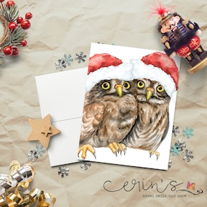 Santa Screech Owl Babies Card~Christmas Owl Cards~Farm Animal Holiday Stationery~Bird Christmas Cards