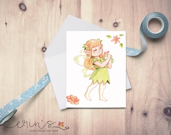 Watercolor Green Fairy Blank Note Card~Cute Fairy Cards~Gift for Fairy Lover~Fantastical Gifts~Fairies and Flowers