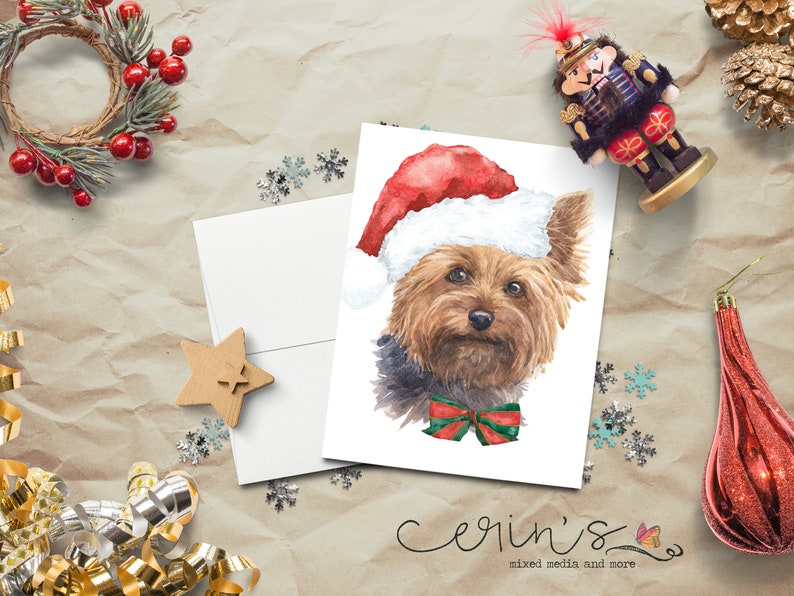 Watercolor Yorkshire Terrier Christmas CardWarm and Cozy Holiday Dog CardsWatercolor Canine StationeryLittle Dog Lover Gifts image 1