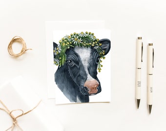Black and White Cow Face Floral Farmhouse Notecard~Rustic Animal with Flowers Greeting Cards~Farmhouse Greetings~Floral Holstein Cow