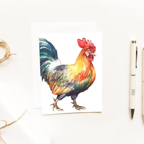 Colorful Watercolor Rooster Farmhouse Notecard~Rustic Watercolor Animal Greeting Cards~Chicken Blank Cards~Farm Animal Gifts~Rooster Gifts