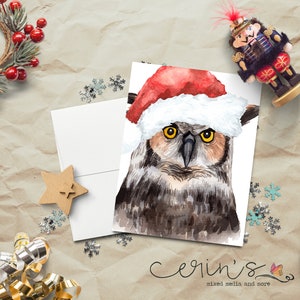 Santa Horned Owl Card~Christmas Owl Cards~Farm Animal Holiday Stationery~Bird Christmas Cards