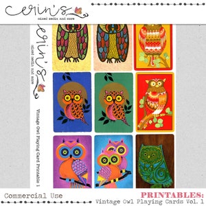 Arkusz kolażu kart do gry Vintage Owl do wydrukowania ~ Elementy dziennika śmieciowego ~ Dziennik artystyczny do wydrukowania w celach komercyjnych