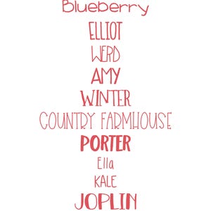 May include: A digital display of the Hand Serif Font featuring a list of names and words in red text against a white background. The text includes: Hand Serif Font, Blueberry, ELLIOT, WERD, AMY, WINTER, COUNTRY FARMHOUSE, PORTER, Ella, KALE, JOPLIN, STANLEY.