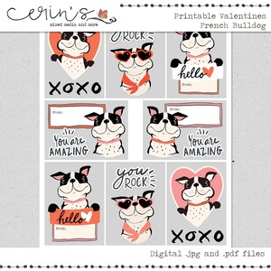Printable French Bullgog Valentine Cards~Black and White Puppy Classroom Valentines~Pug Love Print and Cut Cards~Valentines for Kids