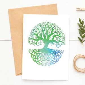 5x7 Tree of Life Card~Blue and Green Watercolor Tree Notecard~Celtic Tree Greetings~Pretty Colorful Cards