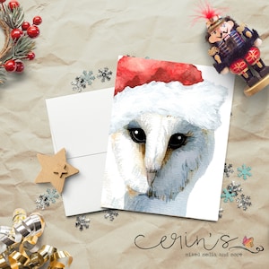 Santa Barn Owl Card~Christmas Owl Cards~Farm Animal Holiday Stationery~Bird Christmas Cards