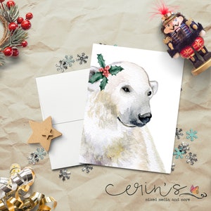 Holly Berry Polar Bear Christmas Card~Watercolor Polar Bear Christmas Card~Arctic Animal Christmas Cards