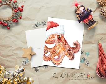 Santa Octopus Christmas Card~Watercolor Cephalopod~Exotic Animal Holidays Greetings Card~Marine Life Holidays