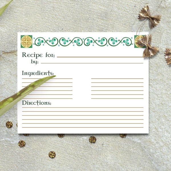 Celtic Recipe Card Set~6x4 Double Sided 100% Recycled Paper Watercolor Celtic Knot and Clover Swirl Recipe Cards
