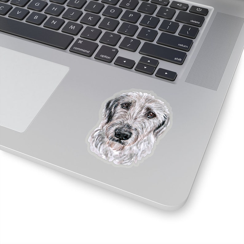 May include: A hand-drawn illustration of a grey and white Irish Wolfhound dog with a black nose and brown eyes. The dog is looking directly at the viewer.