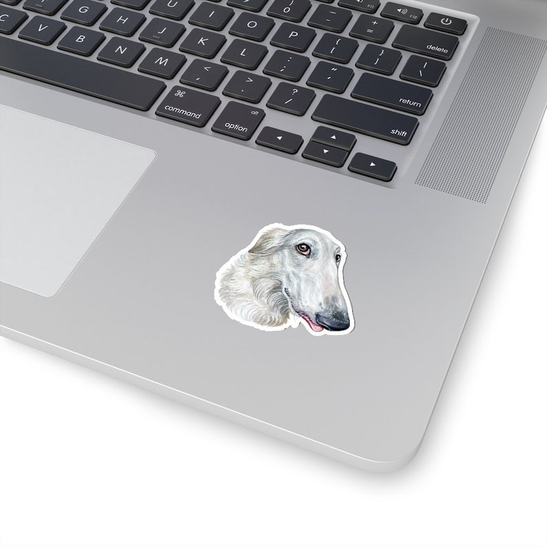 May include: A watercolor painting of a white Borzoi dog with its tongue sticking out. The dog is looking to the right of the image.