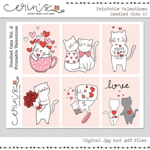 Cartes imprimables de la Saint-Valentin avec chat ~ Saint-Valentin en classe Doodle Kitty ~ Cartes imprimées et découpées Amour chaton ~ Saint-Valentin pour enfants