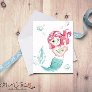 Watercolor Green Mermaid with Red Hair Blank Note Card~Cute Mermaid Cards~Gift for Mermaid Lover~Mermaid and Sea Star~Mermazing Gifts