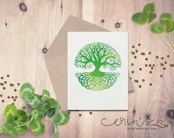 Green Celtic Tree of Life Watercolor Blank Knotwork Card~Celtic Nature Greeting Cards~Watercolor Celtic Knots