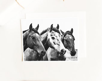 Watercolor Three Horses Note Cards, Black and White Recycled Paper