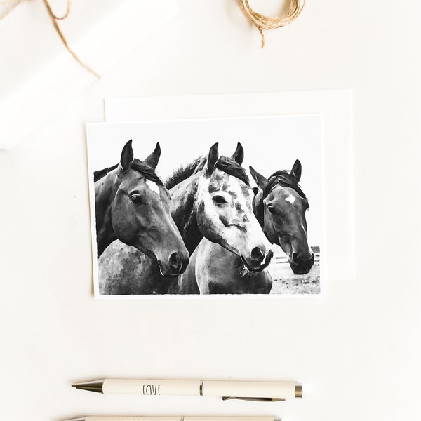 Three Horses Cards~Black and White Watercolor Horse Note Cards~Horse Thank You Card~Gift for Horse Lover