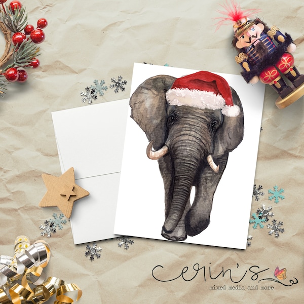 Santa Elephant Christmas Card~Elephant Holiday Dress-up Cards~Exotic Animal Greeting Cards~Chrsitmas at the Zoo~Gift for Elephant lovers