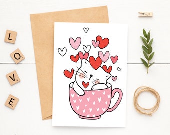 5x7 Kitty in a Tea Cup Love Card~Valentine's Day Card for Cat Lover~Hand Drawn Valentine Card~Gift for Grandma~Card for Little Girl