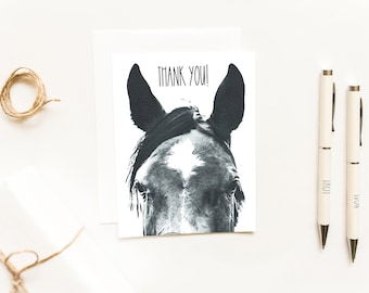 Watercolor Horse Head Thank You Cards~Black and White Ink Horse Ears Note Cards~Peek-a-boo Horse Thank You Card