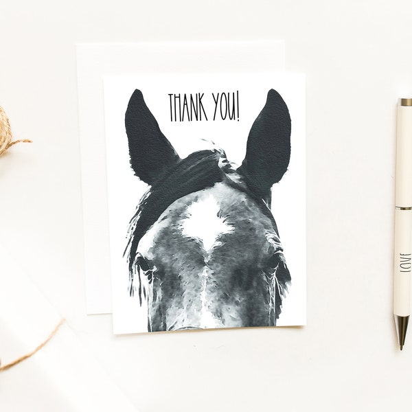 Watercolor Horse Head Thank You Cards~Black and White Ink Horse Ears Note Cards~Peek-a-boo Horse Thank You Card