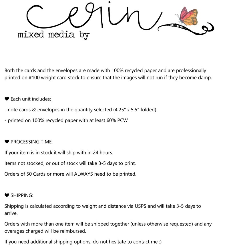 May include: A white informational graphic featuring the text cerin mixed media by with a small orange and black butterfly illustration. The text details product specifications including 100% recycled paper, #100 weight card stock, and 4.25" x 5.5" dimensions.
