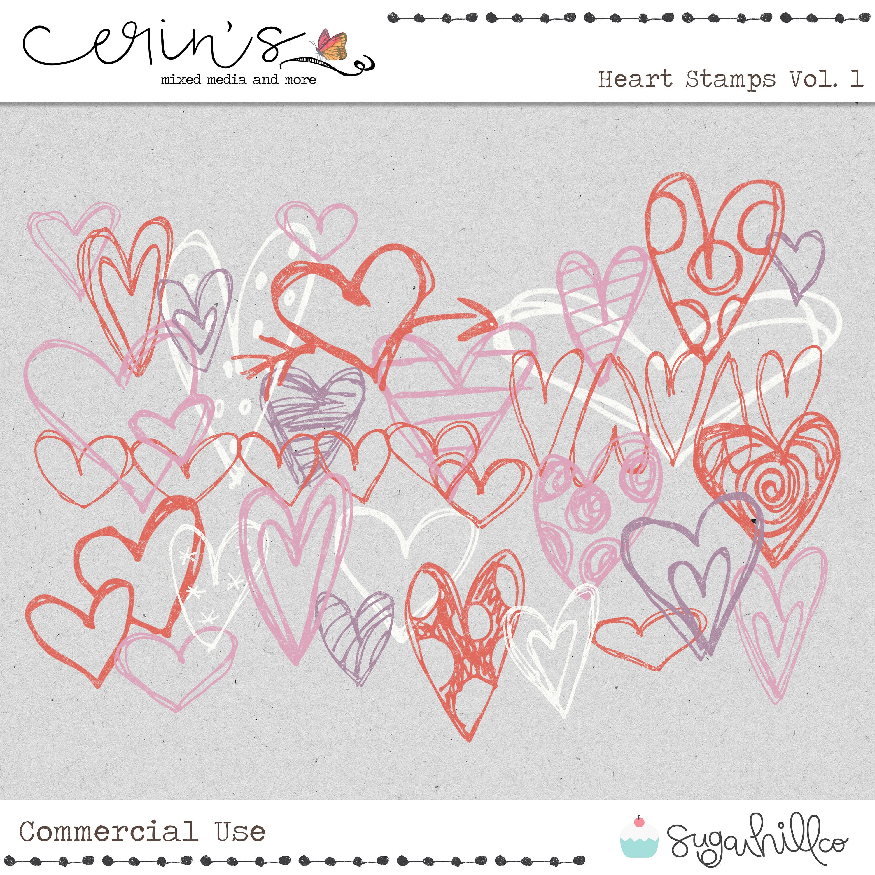 Doodled Heart Stamps and Brushesdigital Junk Journal and Scrapbook  Commercial Use Elementshigh Quality Commercial Usepretty Page Accents 