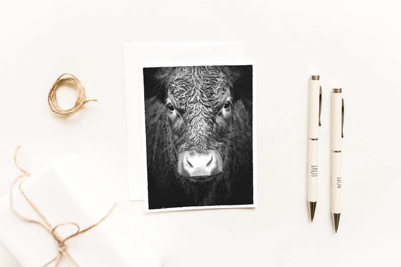 Watercolor Shaggy Black Cow Face Farmhouse NotecardRustic Animal Greeting CardsCow Thank You CardsInked Cow Face image 1