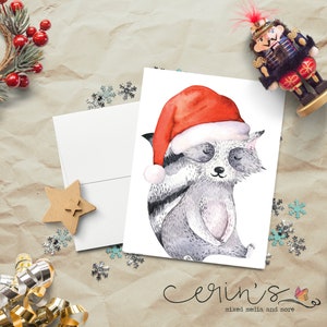 Watercolor Santa Racoon Christmas Card~Woodland Animal Cards~Furry Woodland Holidays