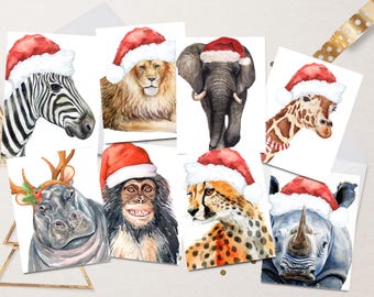 African Animals  Santa Mix Note Card Set~Blank Animal Note Cards~Christmas Safari Cards~African Animals Gifts