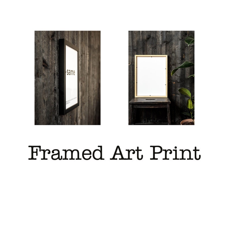 May include: Two framed art prints, one with a black frame and the other with a gold frame. Both prints are on a wooden background.