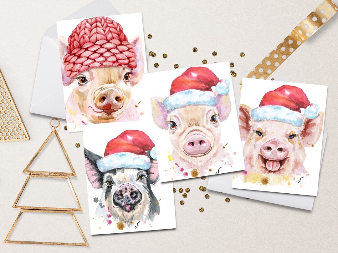 Holiday Pigs Mixed Note Card Set~blank Notecards 8 Card Set~100% ...