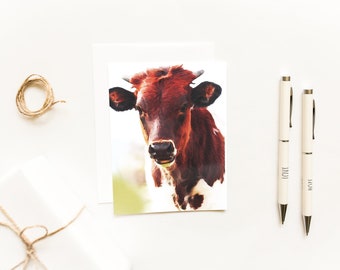 Watercolor Red Cow Farmhouse Note Card~Full Color Cow Card~Rustic Animal Greeting Cards